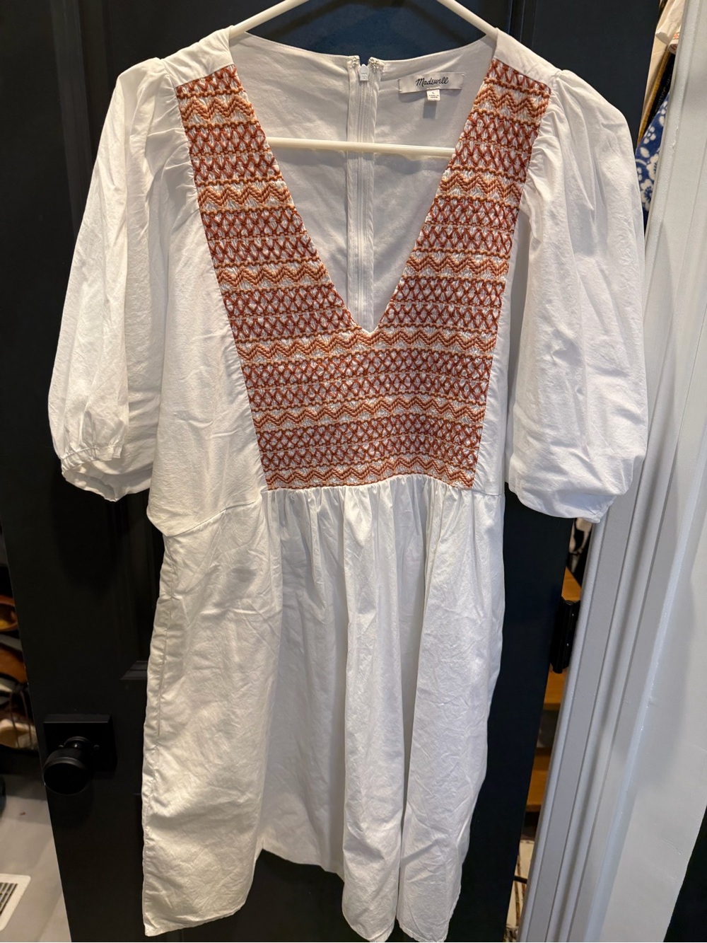 Madewell White Dress with Rust Embroidered V-Panel